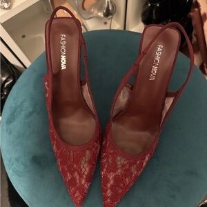 Fashion Nova Burgundy Lace Pointed Slingback Heels